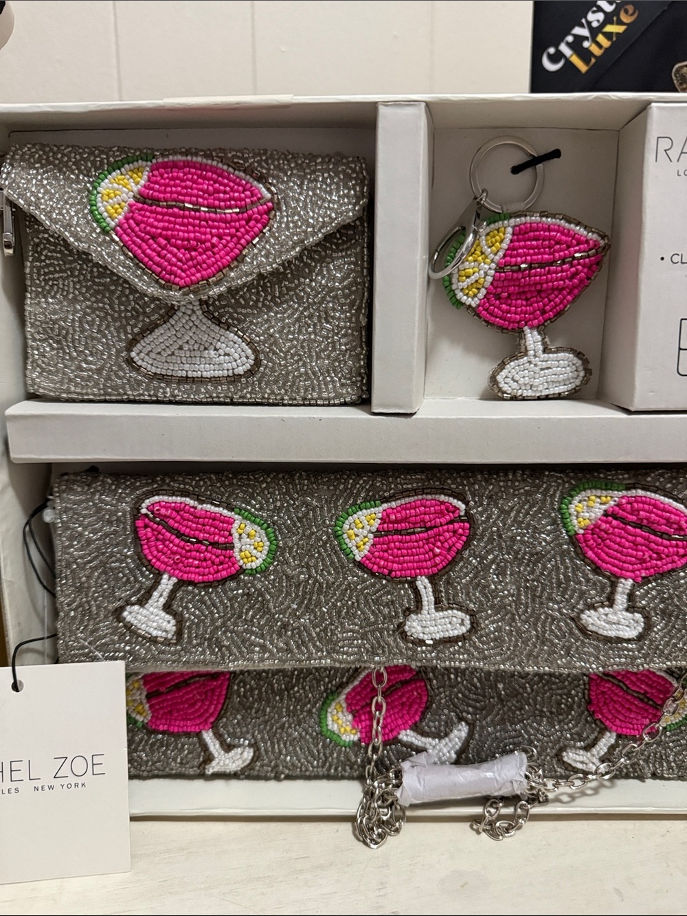 Rachel Zoe Silver Beaded Clutch Set with Pink & Lime Cocktail Embellishments - Picture 2 of 2